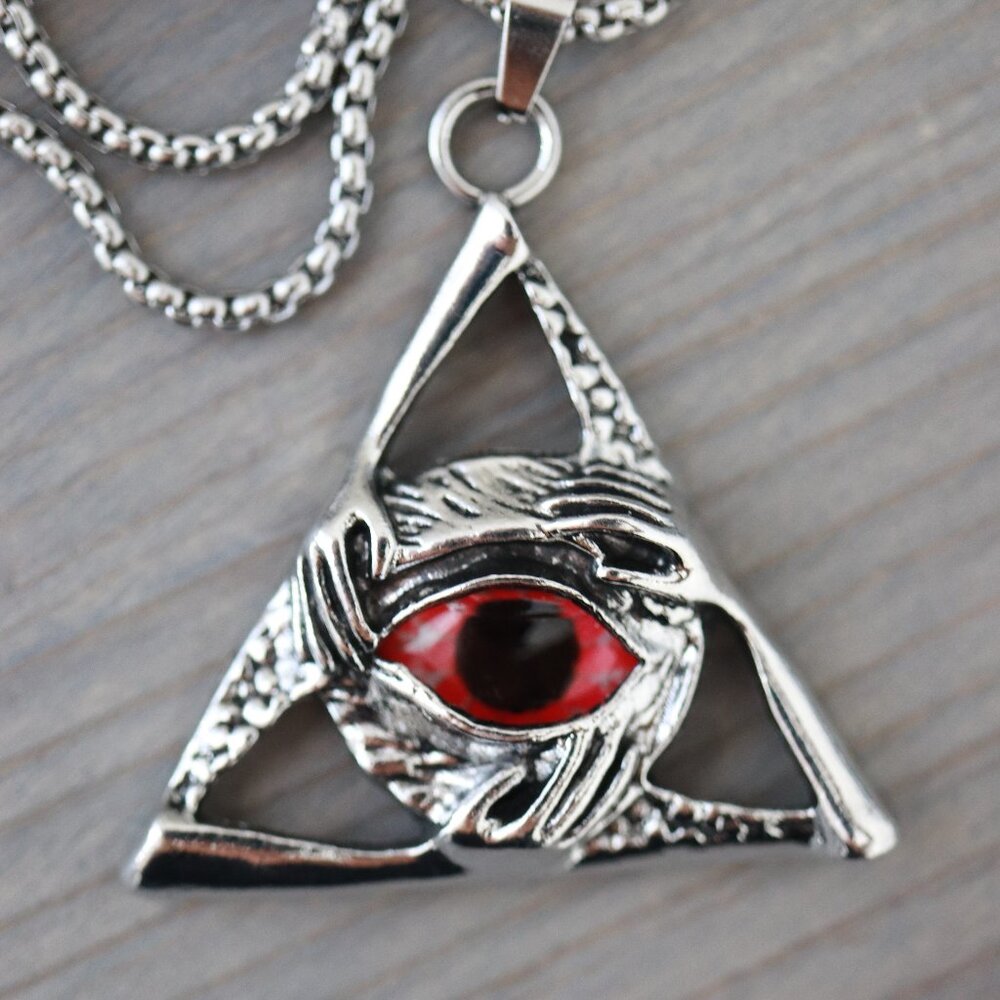 Evil Eye Red Triangle Shape With Hands Pendant Ne… - image 1